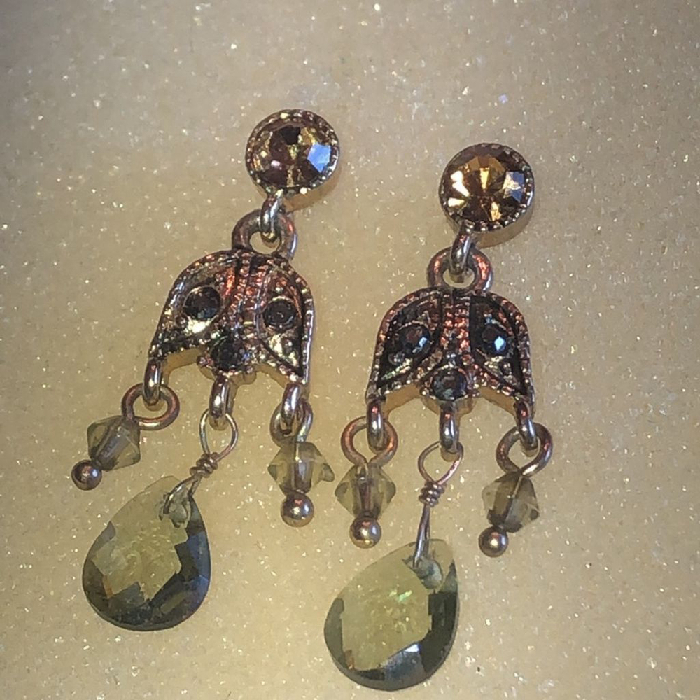 Monet Gold Tone & Green Dangling Beads Boho Pierced Earrings